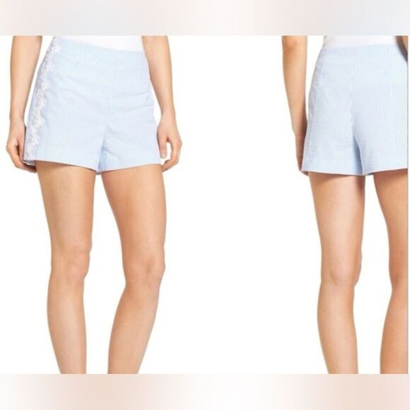 Draper James Women’s Blue & White Seersucker Floral Lace High Waisted Short - Picture 1 of 10